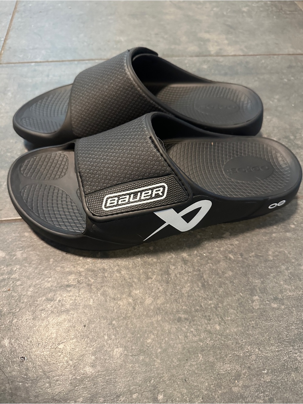 OOFOS/BAUER Black Slide Sandals with White Logo